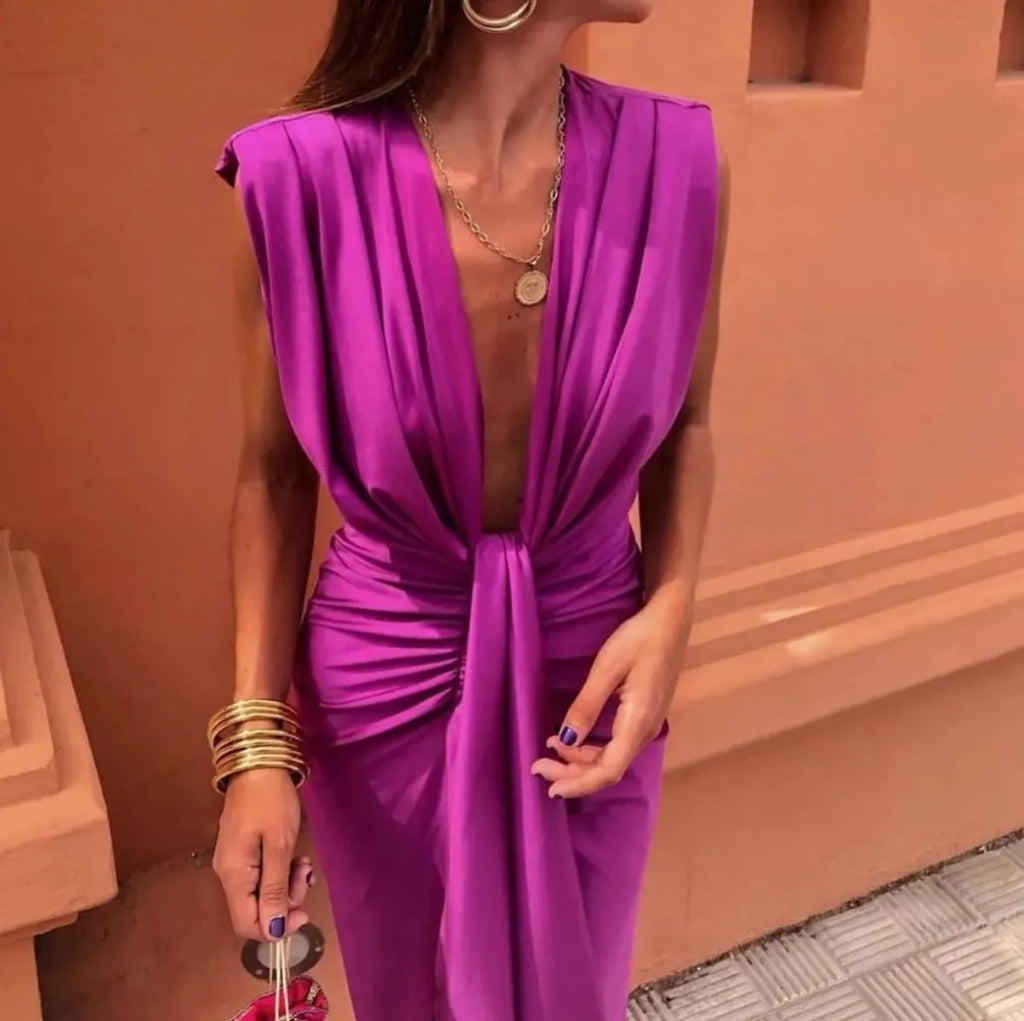 Soft pleated midi dress with no zippers, relaxed fit.