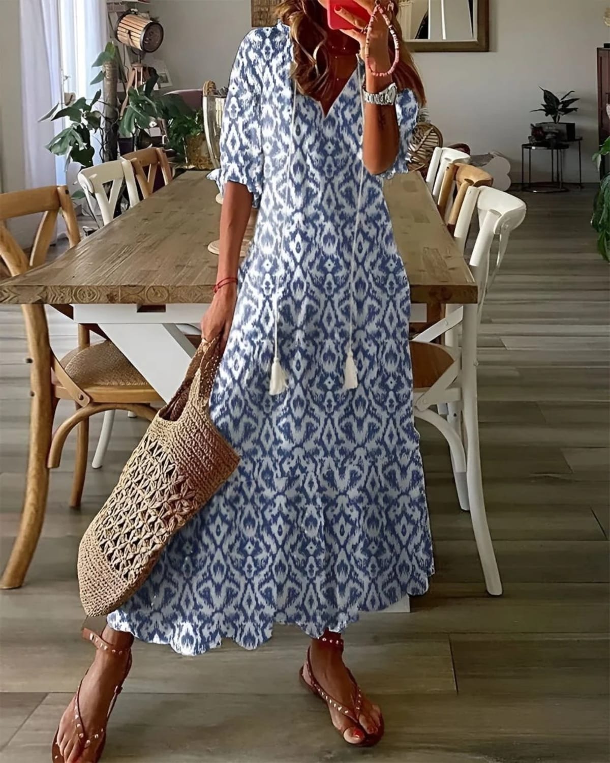 Bohemian dress with tassel details and relaxed fit in soft fabric