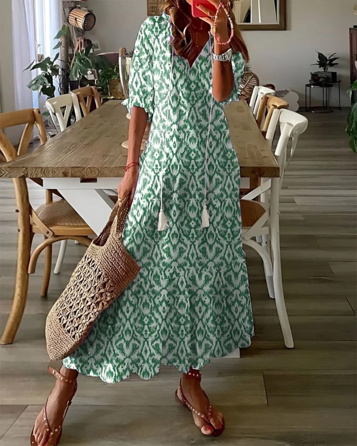 Bohemian dress with tassel details and relaxed fit in soft fabric