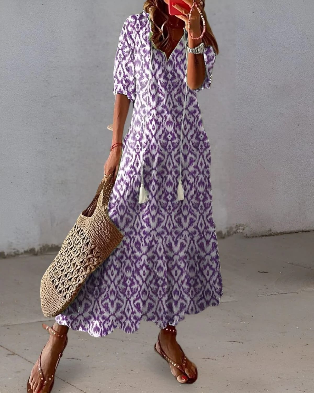 Bohemian dress with tassel details and relaxed fit in soft fabric