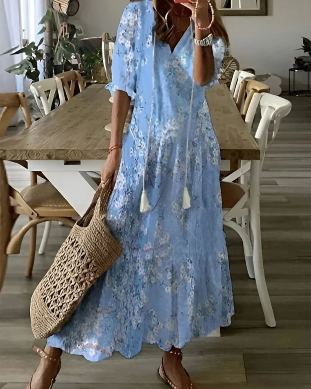 Bohemian dress with tassel details and relaxed fit in soft fabric