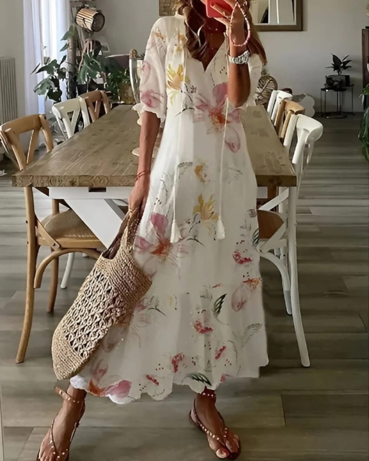 Bohemian dress with tassel details and relaxed fit in soft fabric