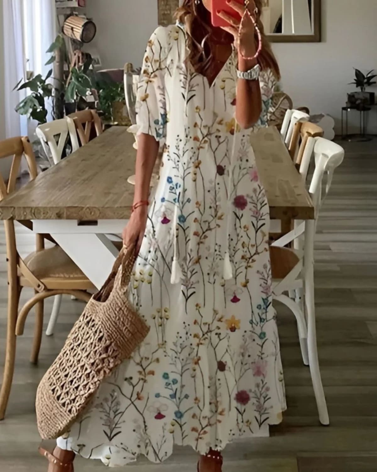 Bohemian dress with tassel details and relaxed fit in soft fabric