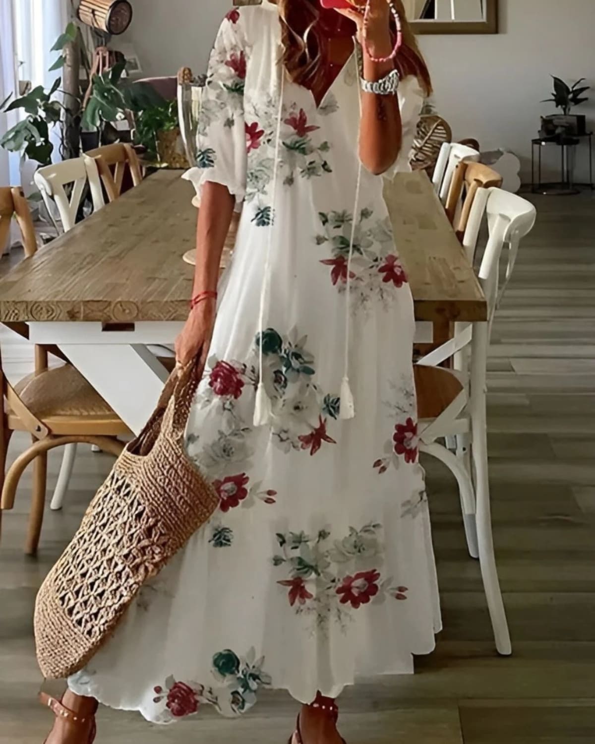 Bohemian dress with tassel details and relaxed fit in soft fabric