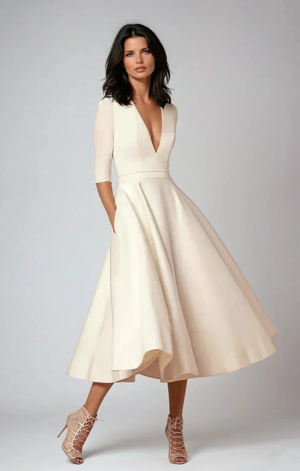 Woman in V-neck midi dress with 3/4 sleeves and pockets.