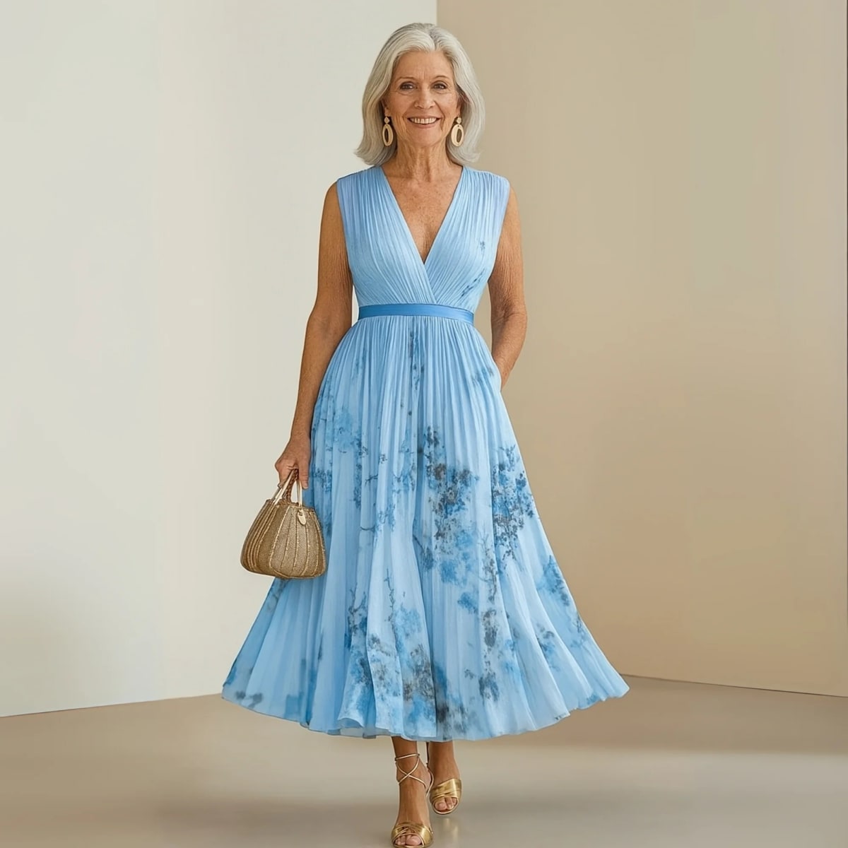 Flowy sleeveless maxi dress with V-neck and soft drape.