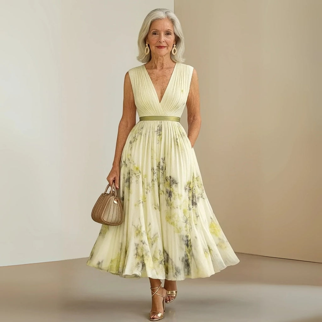 Flowy sleeveless maxi dress with V-neck and soft drape.