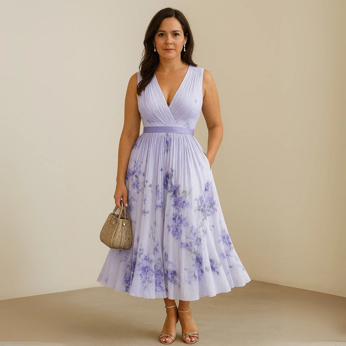 Flowy sleeveless maxi dress with V-neck and soft drape.