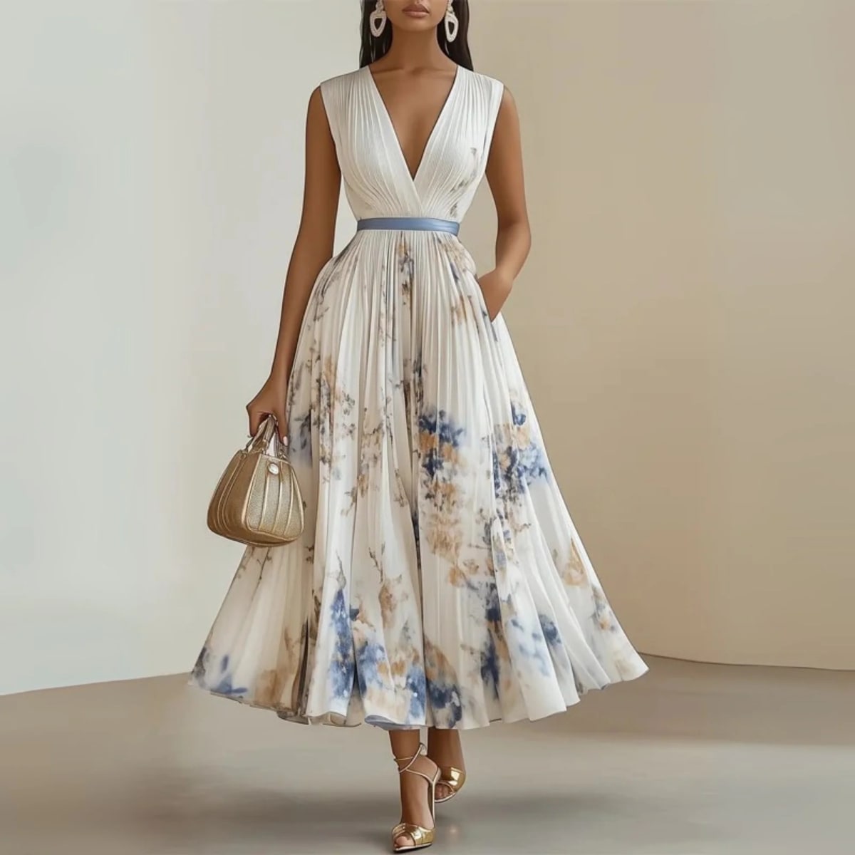 Flowy sleeveless maxi dress with V-neck and soft drape.