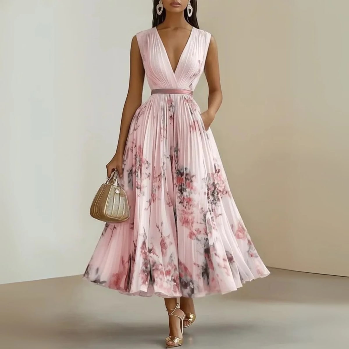 Flowy sleeveless maxi dress with V-neck and soft drape.