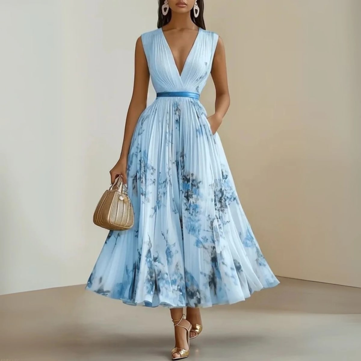 Flowy sleeveless maxi dress with V-neck and soft drape.
