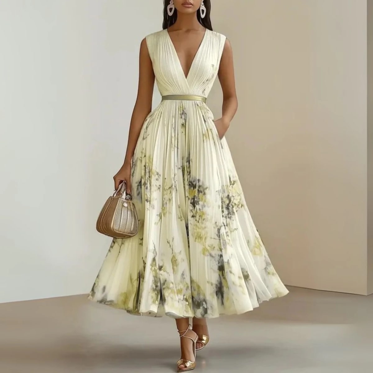 Flowy sleeveless maxi dress with V-neck and soft drape.