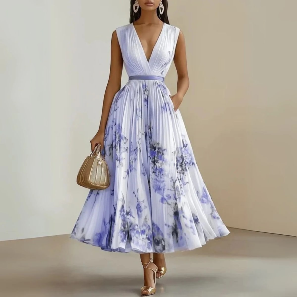 Flowy sleeveless maxi dress with V-neck and soft drape.