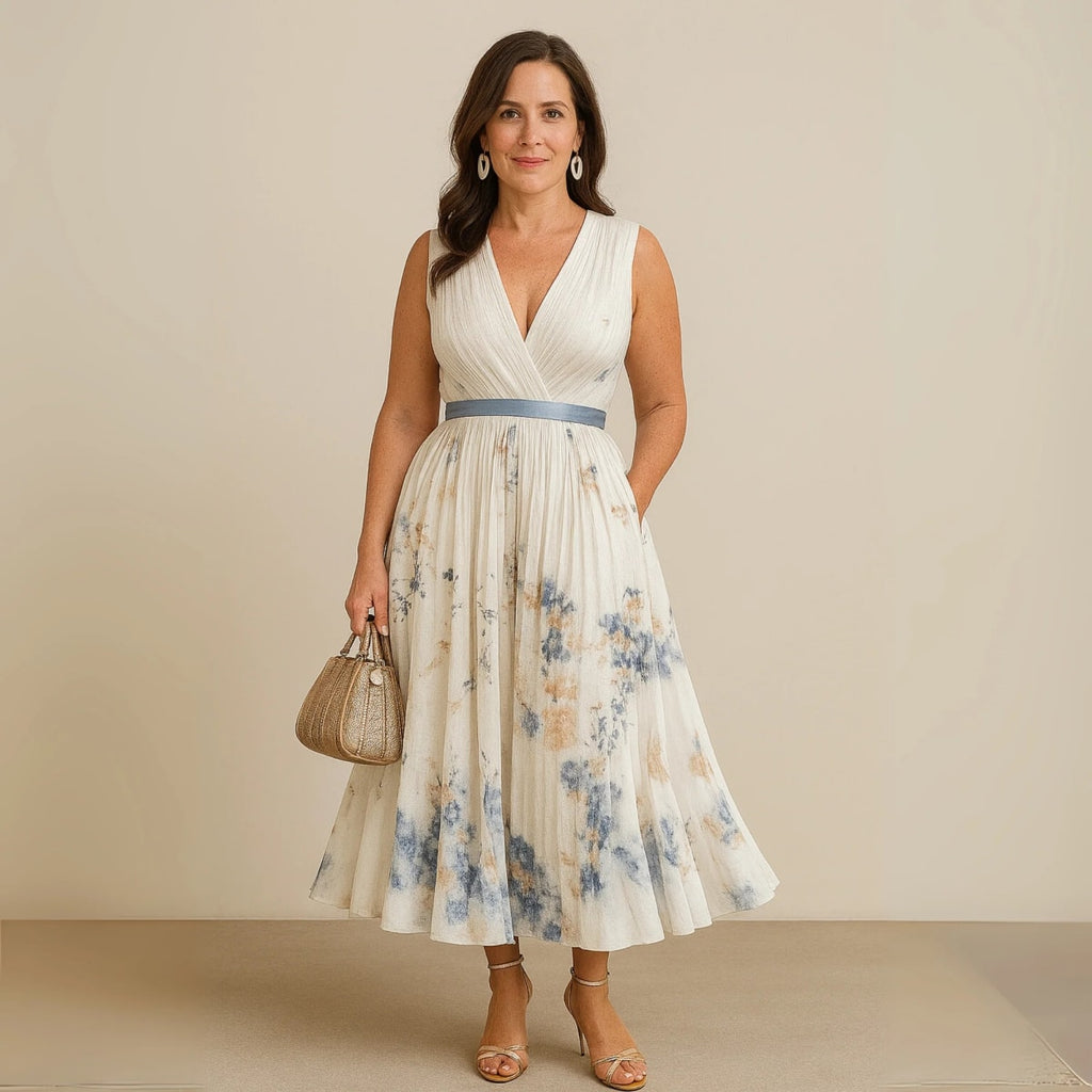 Flowy sleeveless maxi dress with V-neck and soft drape.