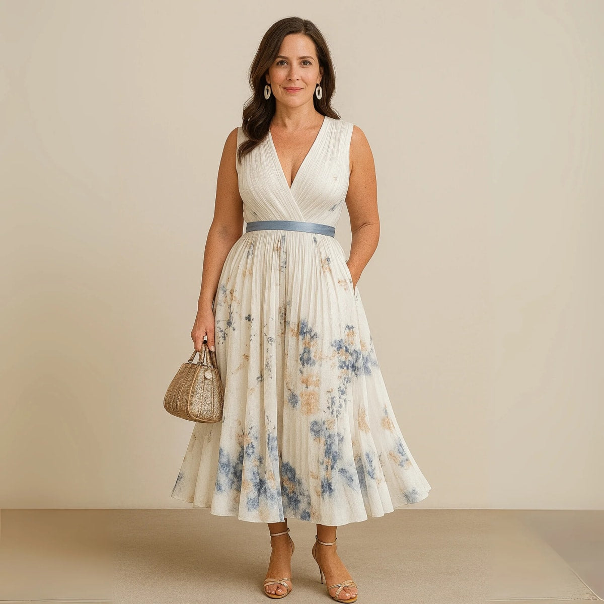 Flowy sleeveless maxi dress with V-neck and soft drape.