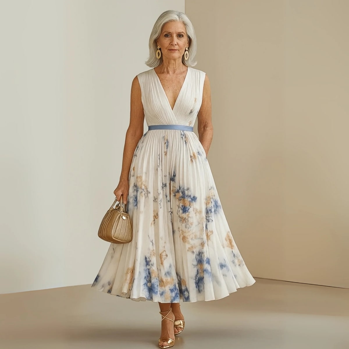 Flowy sleeveless maxi dress with V-neck and soft drape.