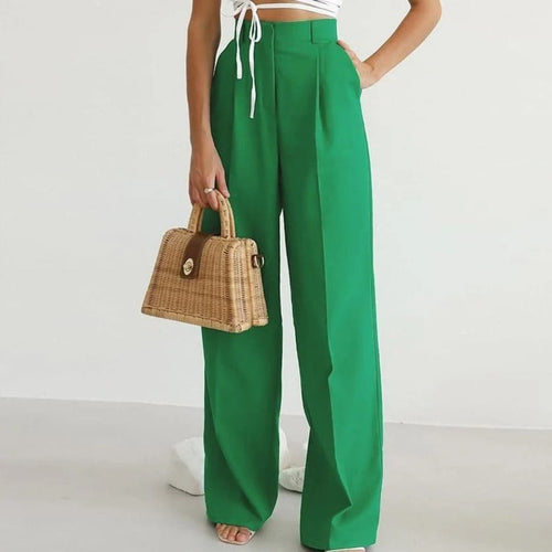 Women's high-waisted wide-leg pants with pleated details.