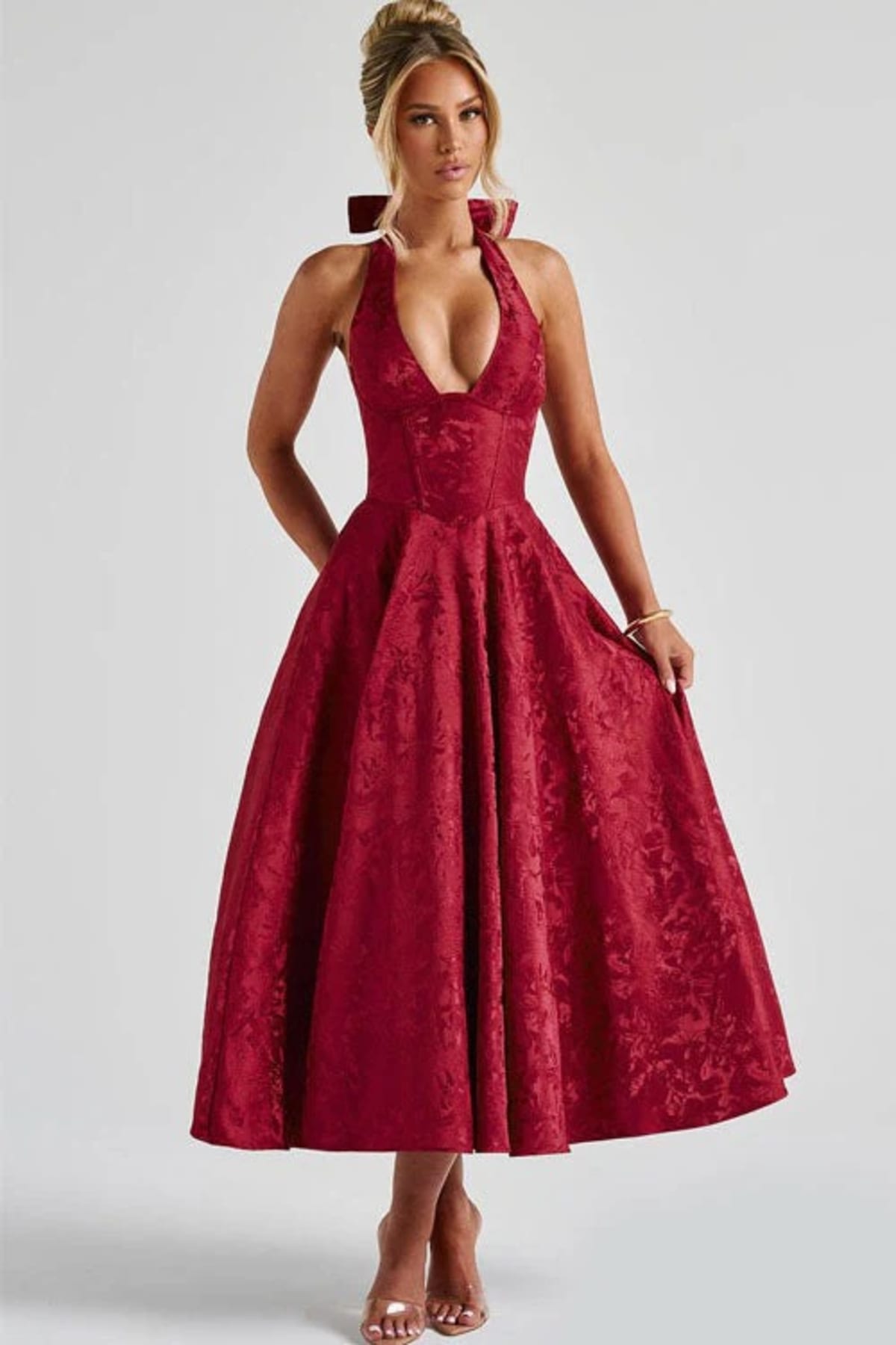 V-neck halterneck jacquard maxi dress with flared skirt.