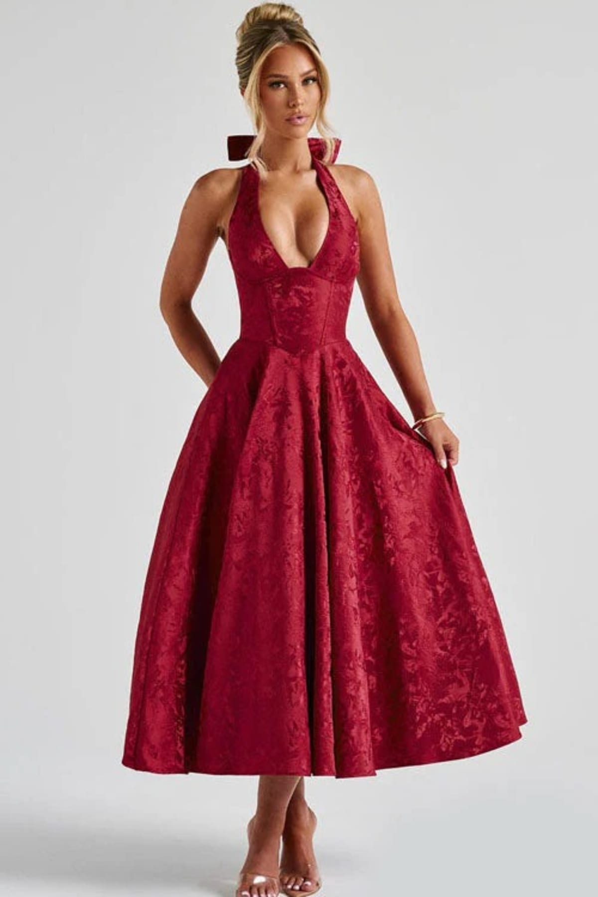 V-neck halterneck jacquard maxi dress with flared skirt.