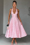 V-neck halterneck jacquard maxi dress with flared skirt.