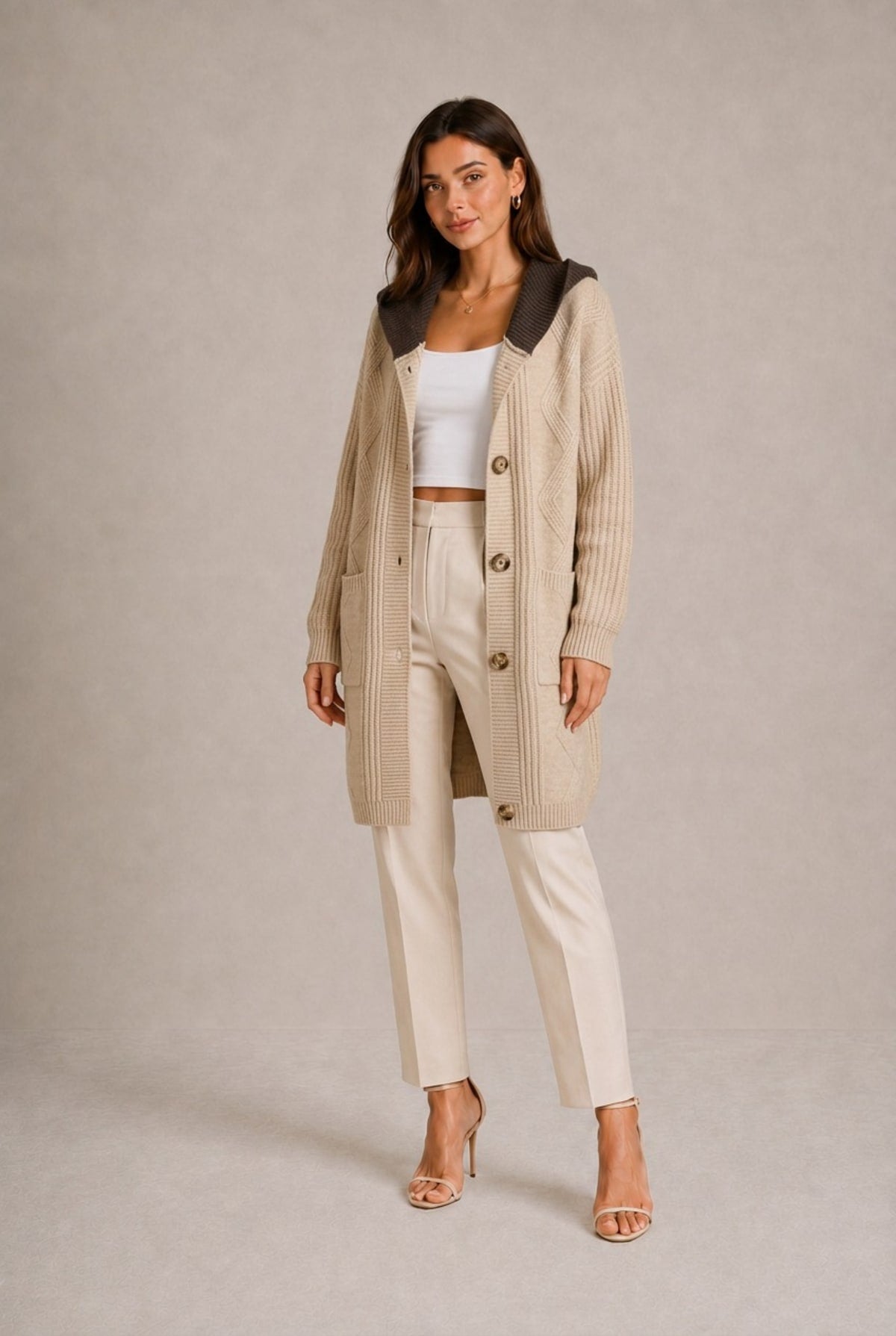 Orvieto Textured Knit Long Hooded Cardigan Sweater