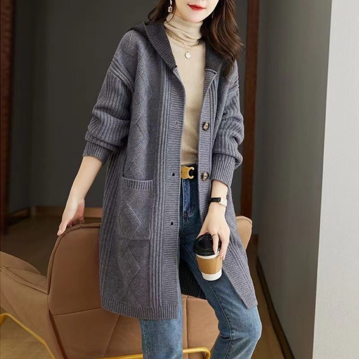 Orvieto Textured Knit Long Hooded Cardigan Sweater