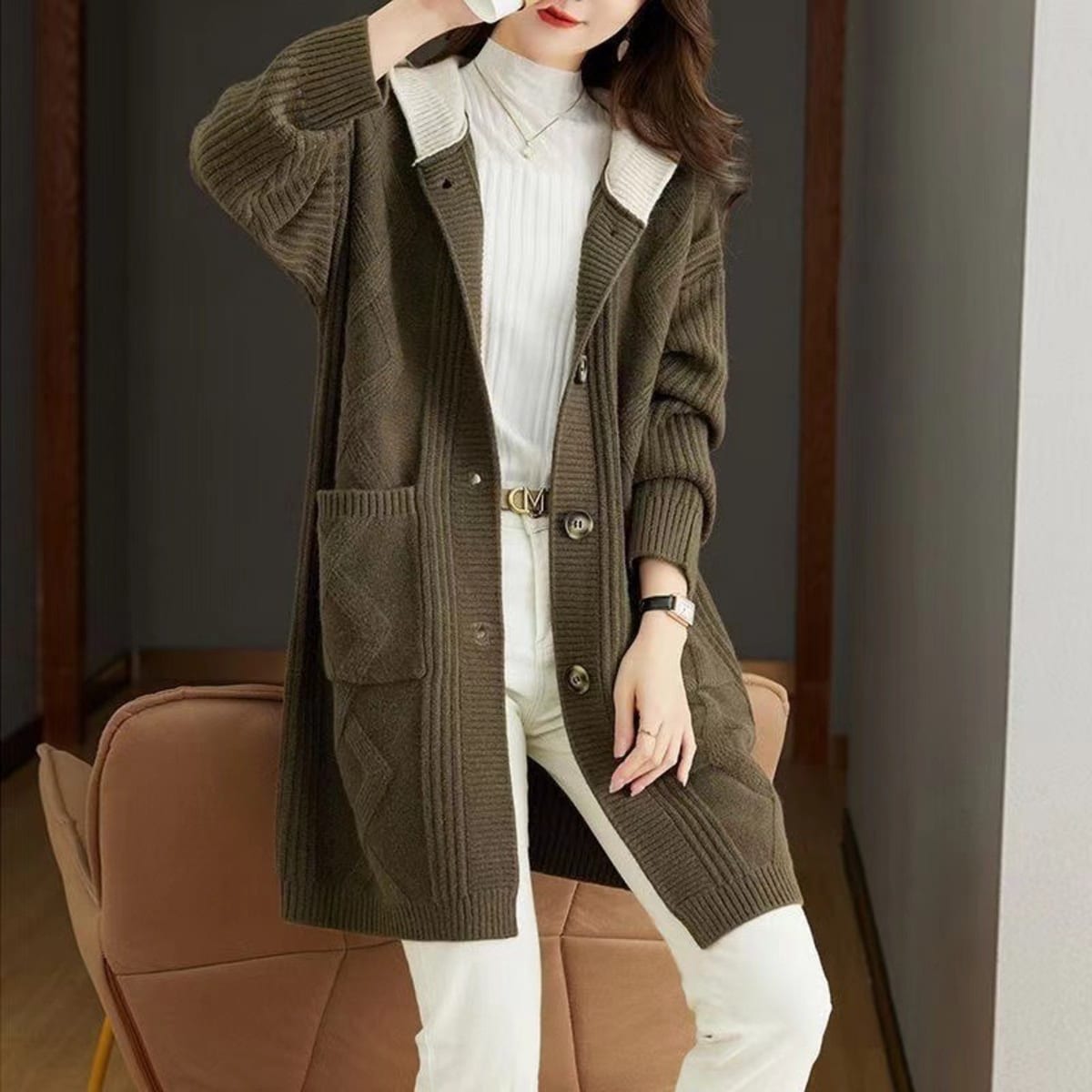 Orvieto Textured Knit Long Hooded Cardigan Sweater