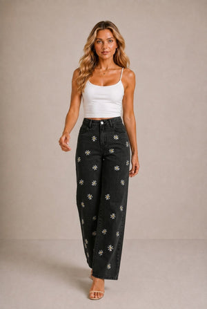 Asti Daisy Embroidered Wide Leg Jeans