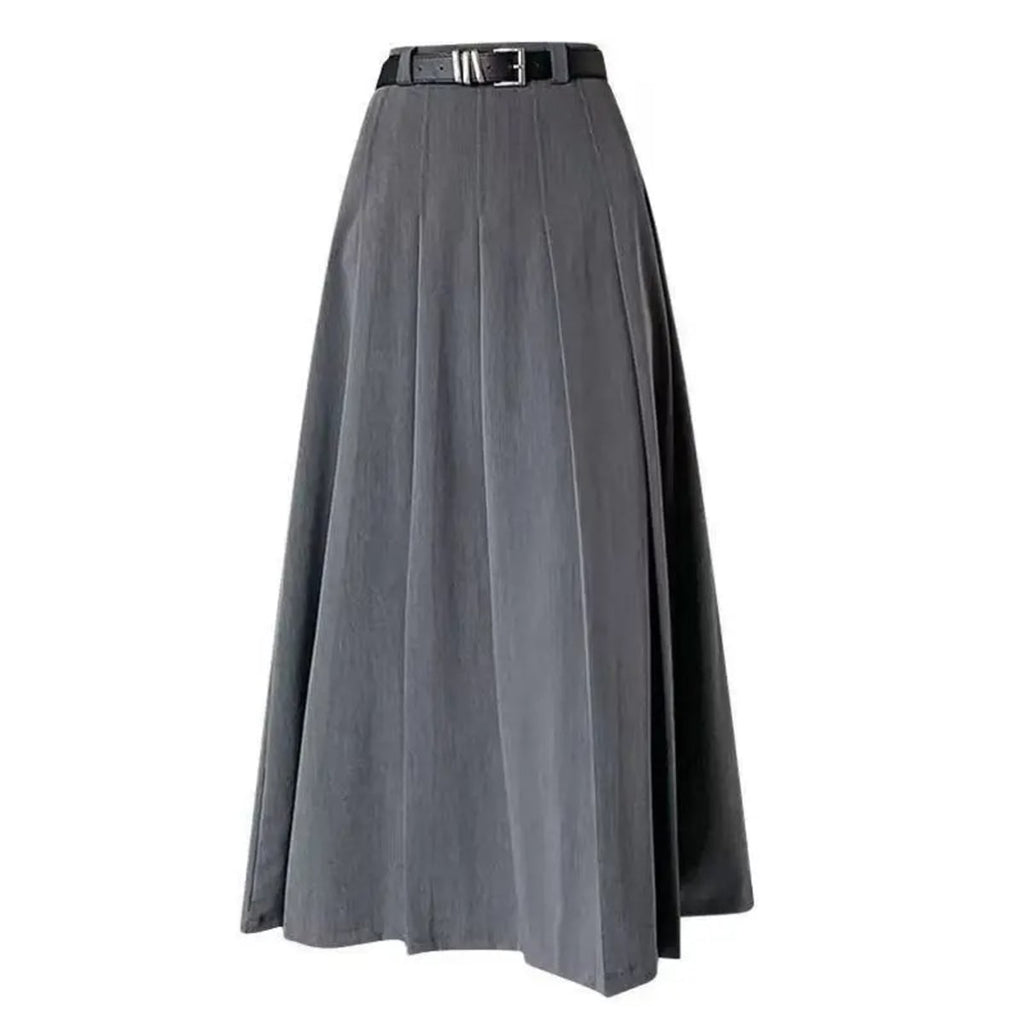 Pleated maxi skirt with belt displayed on a hanger.