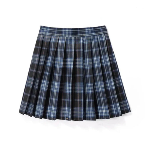Dark blue plaid pleated mini skirt with sharp pleats.