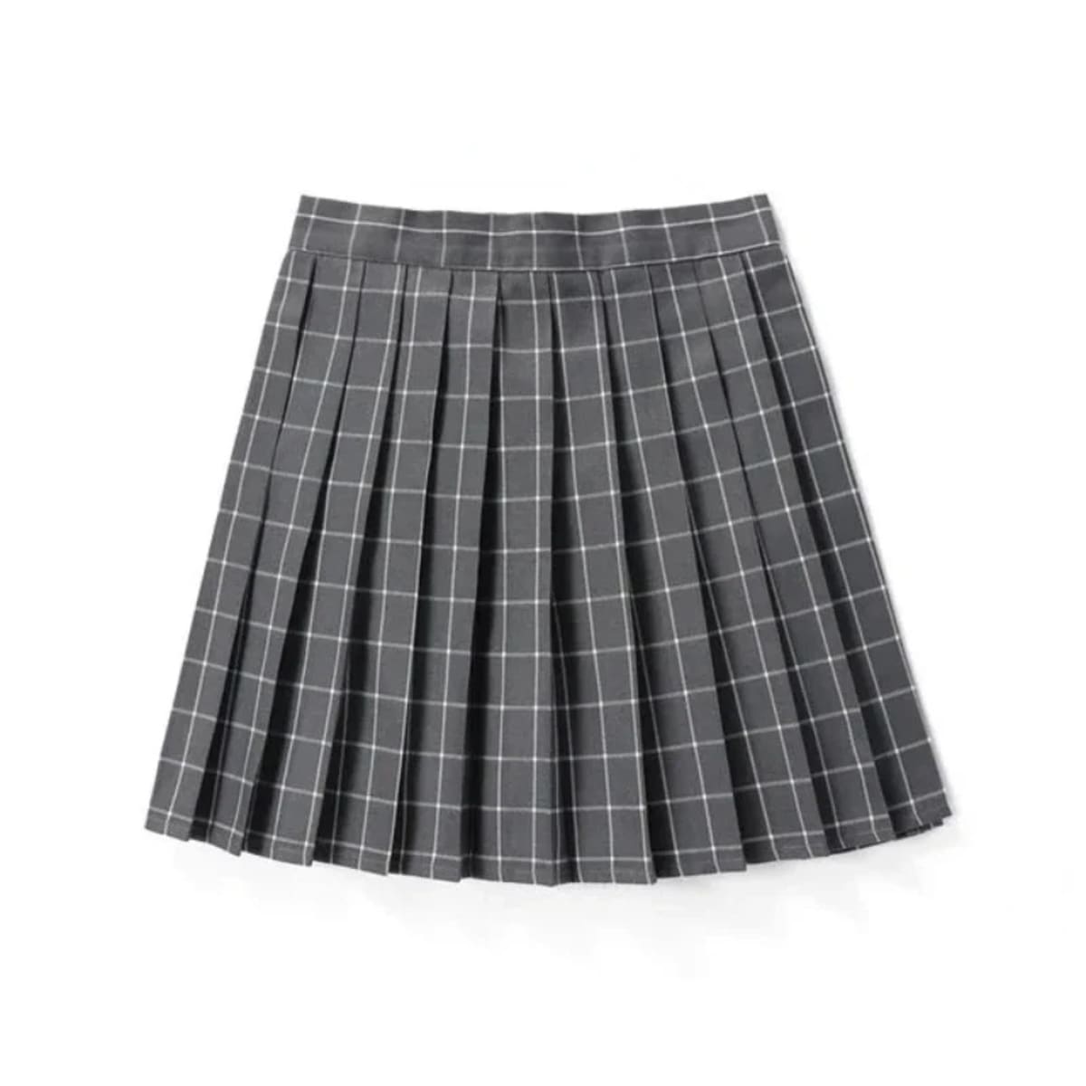 Dark blue plaid pleated mini skirt with sharp pleats.