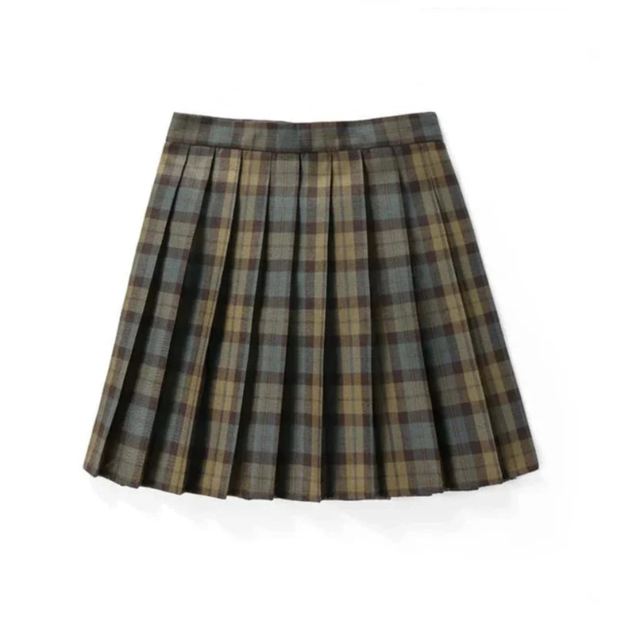 Dark blue plaid pleated mini skirt with sharp pleats.