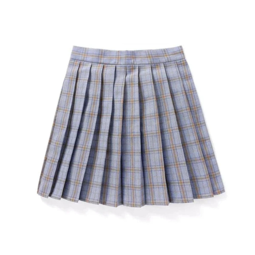 Dark blue plaid pleated mini skirt with sharp pleats.