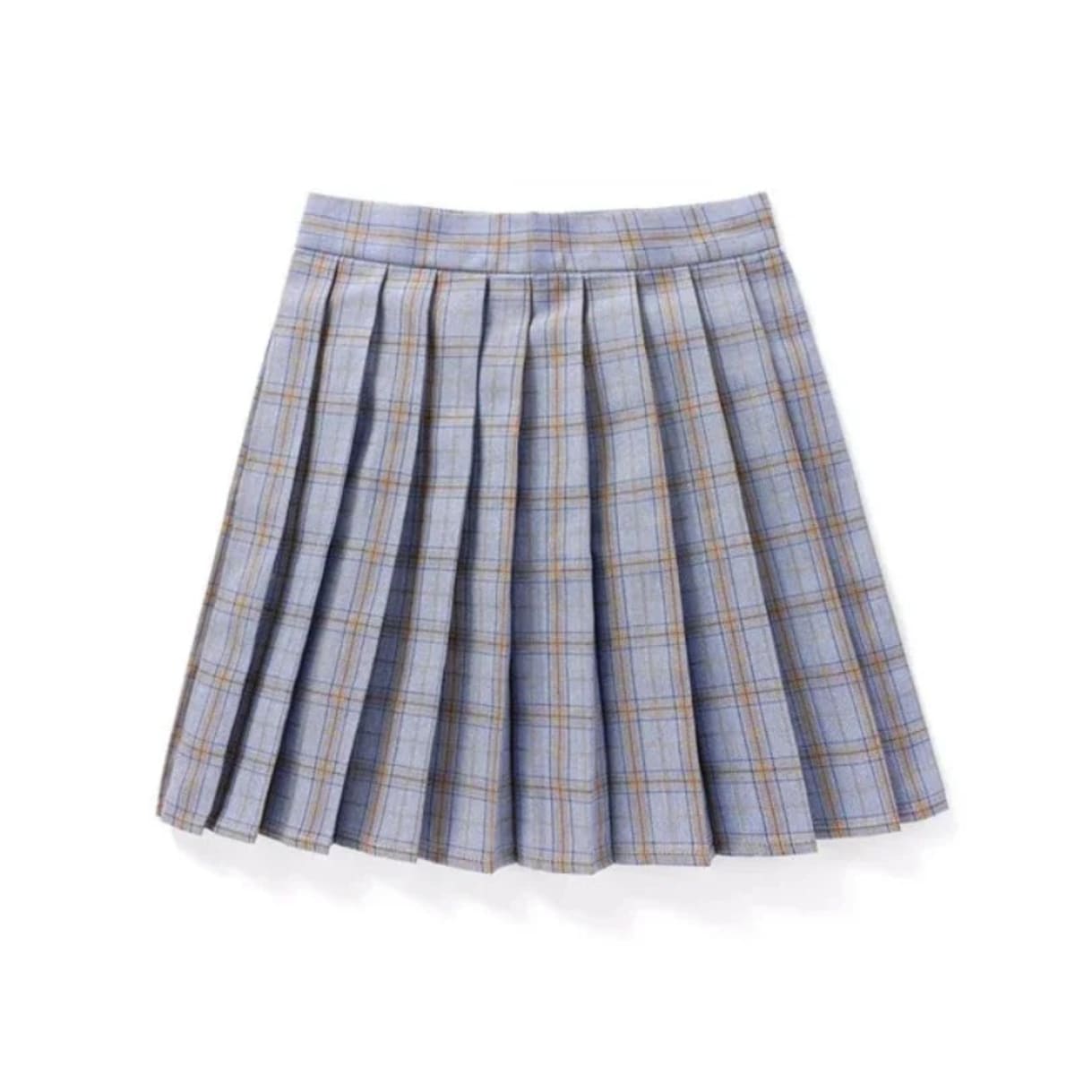 Dark blue plaid pleated mini skirt with sharp pleats.