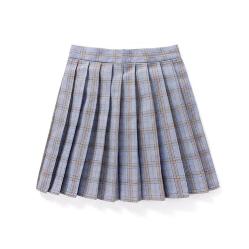 Dark blue plaid pleated mini skirt with sharp pleats.