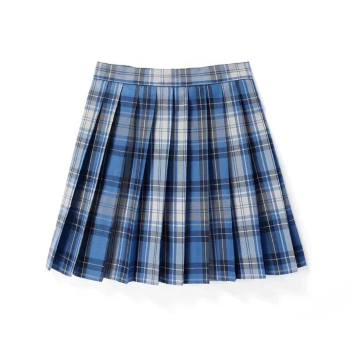 Dark blue plaid pleated mini skirt with sharp pleats.