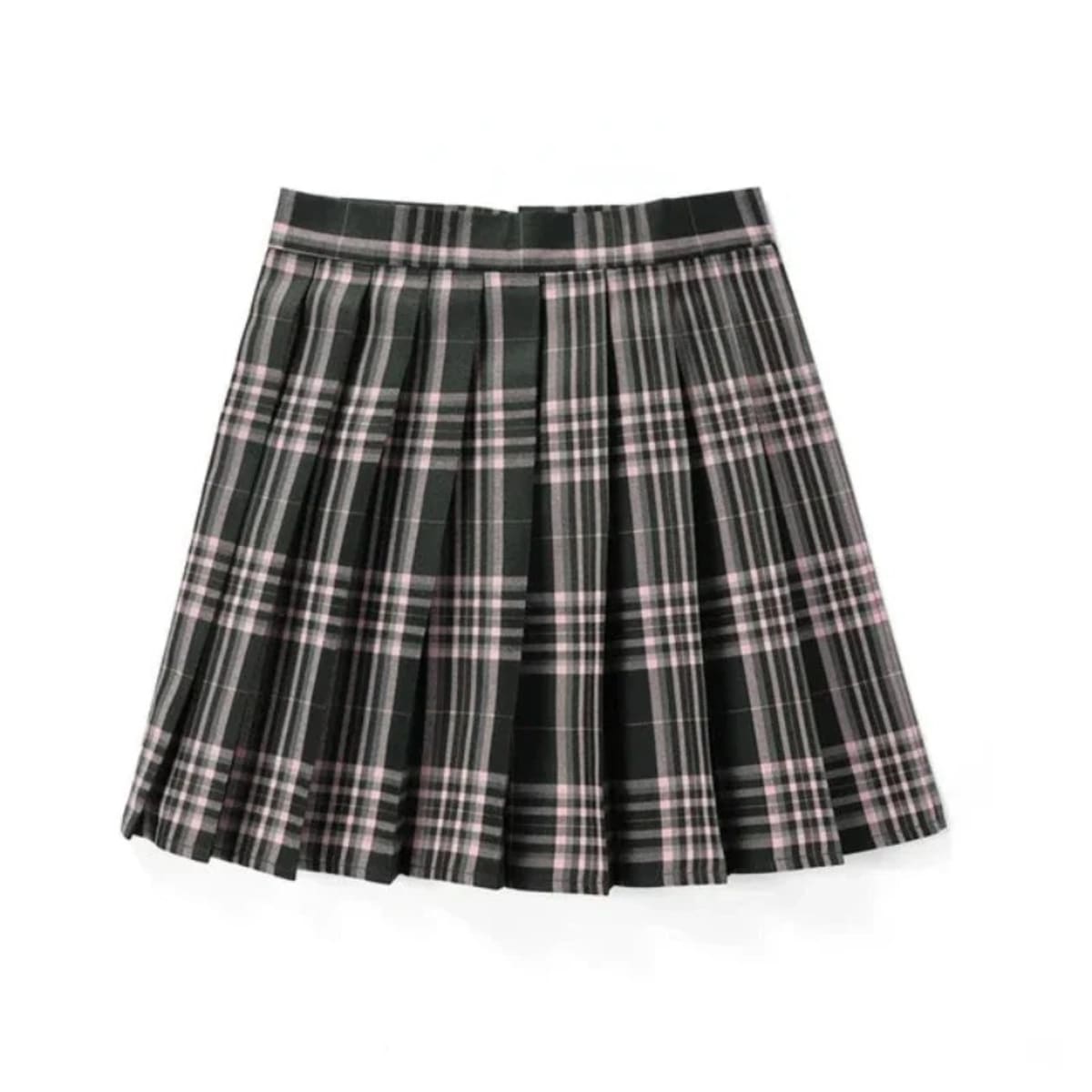 Dark blue plaid pleated mini skirt with sharp pleats.