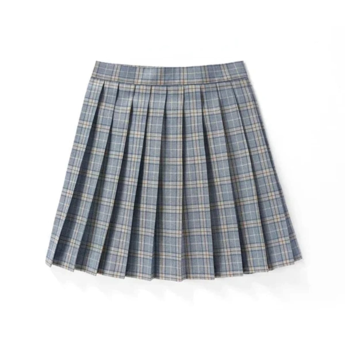 Dark blue plaid pleated mini skirt with sharp pleats.