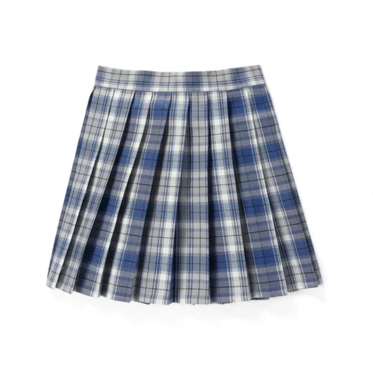 Dark blue plaid pleated mini skirt with sharp pleats.