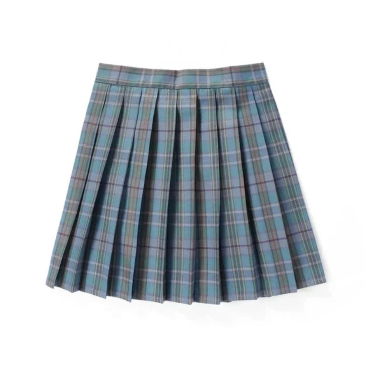 Dark blue plaid pleated mini skirt with sharp pleats.