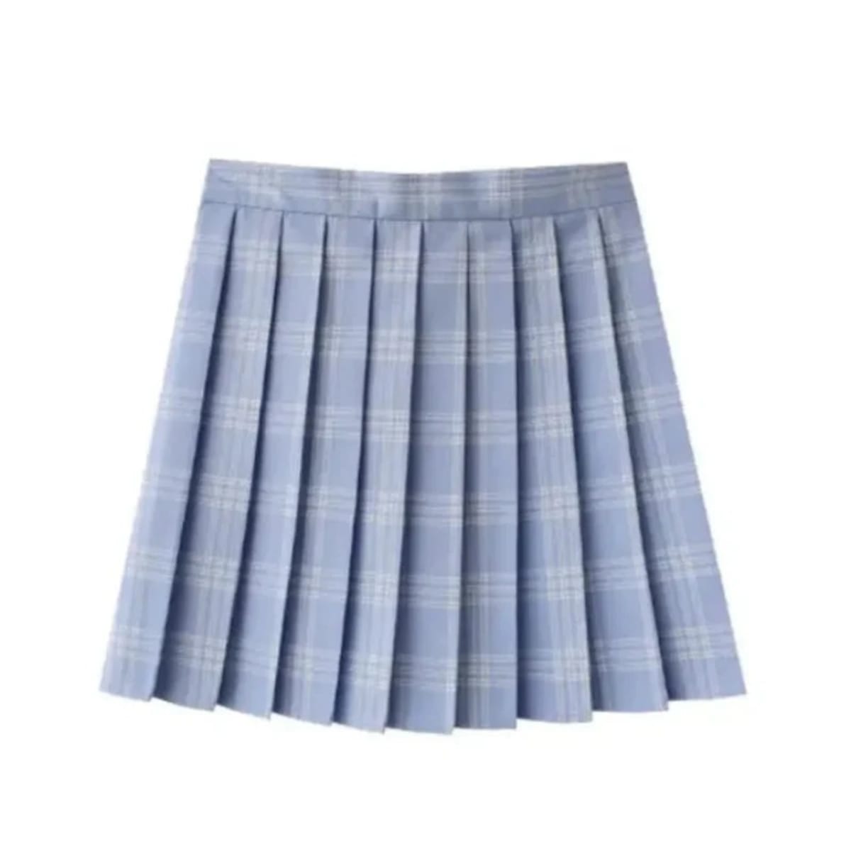 Dark blue plaid pleated mini skirt with sharp pleats.