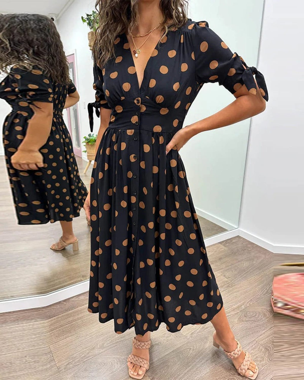 V-neck polka dot dress with button closure, garden party wear