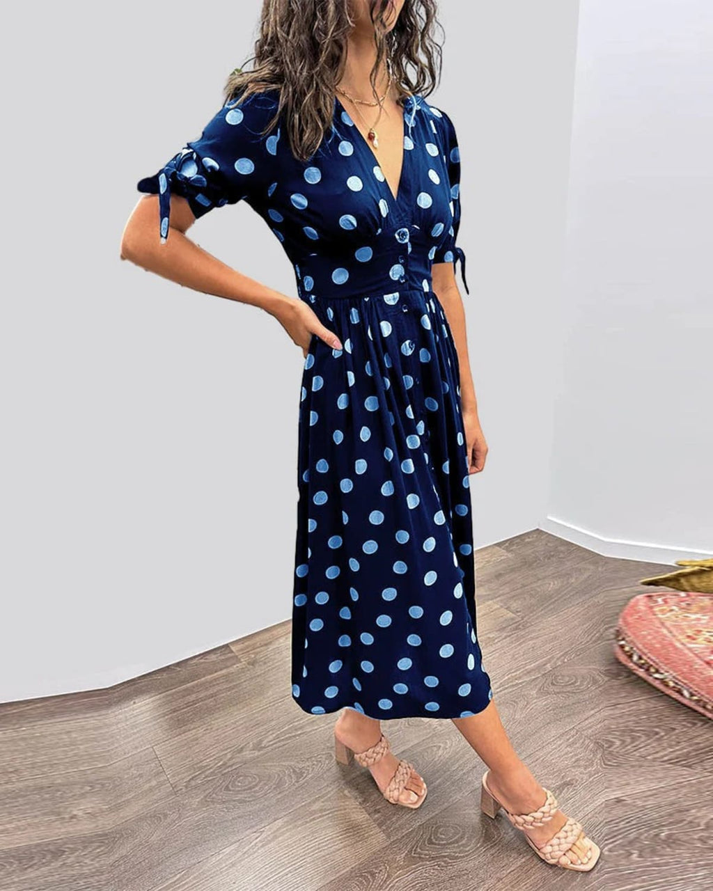 V-neck polka dot dress with button closure, garden party wear