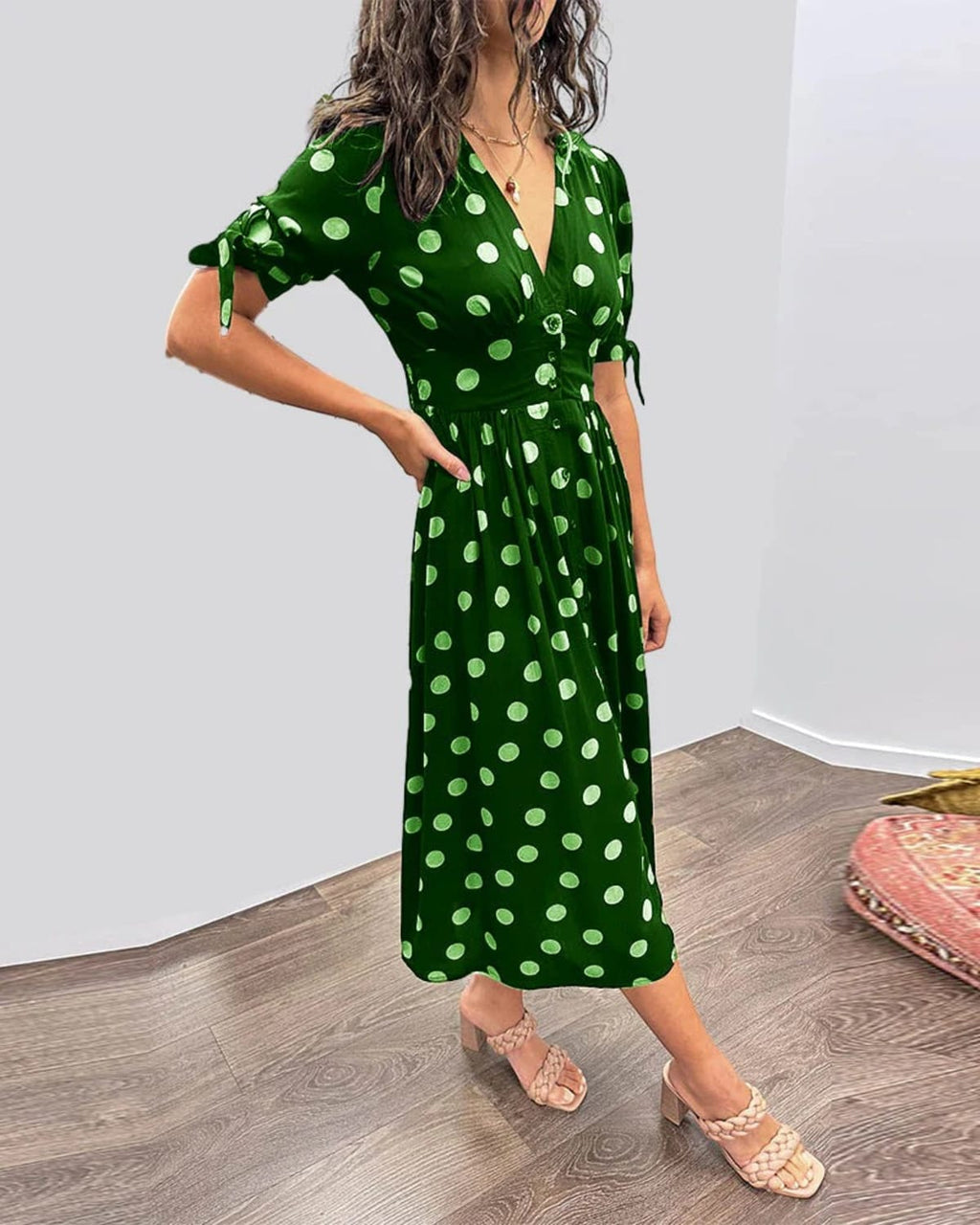 V-neck polka dot dress with button closure, garden party wear