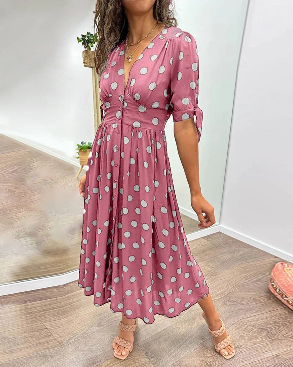 V-neck polka dot dress with button closure, garden party wear