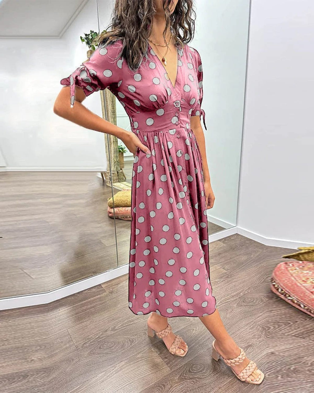 V-neck polka dot dress with button closure, garden party wear