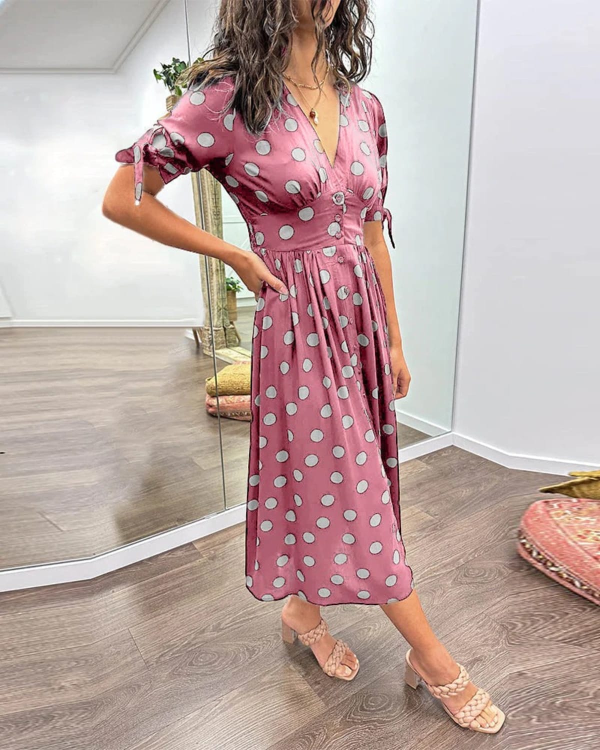 V-neck polka dot dress with button closure, garden party wear