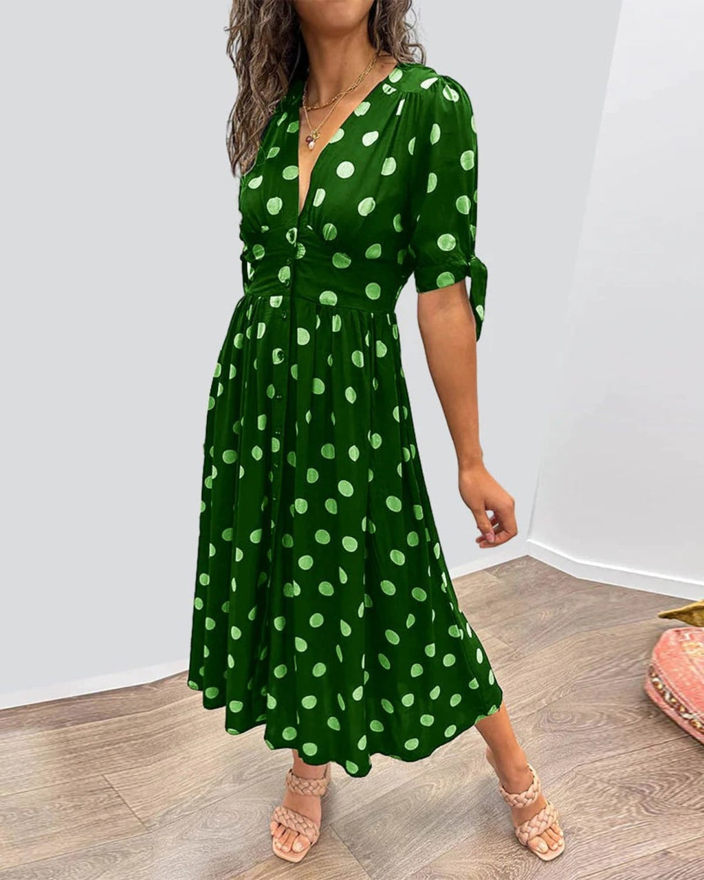 V-neck polka dot dress with button closure, garden party wear