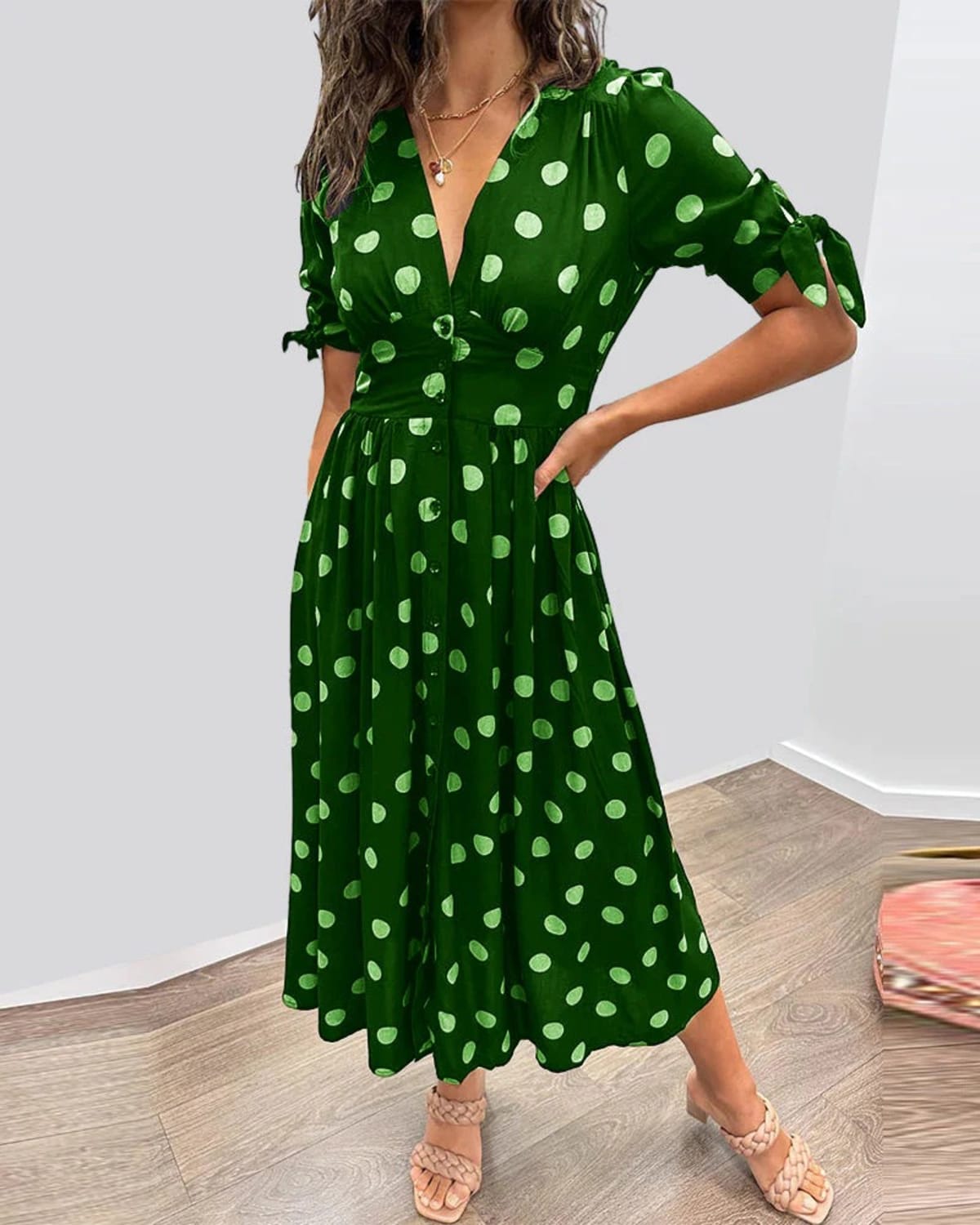 V-neck polka dot dress with button closure, garden party wear