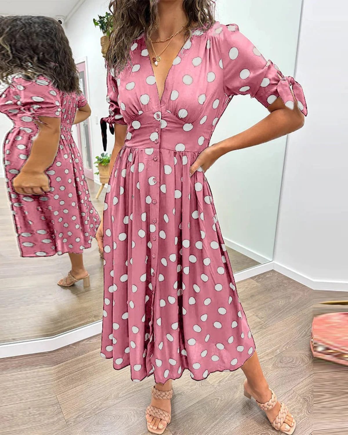 V-neck polka dot dress with button closure, garden party wear